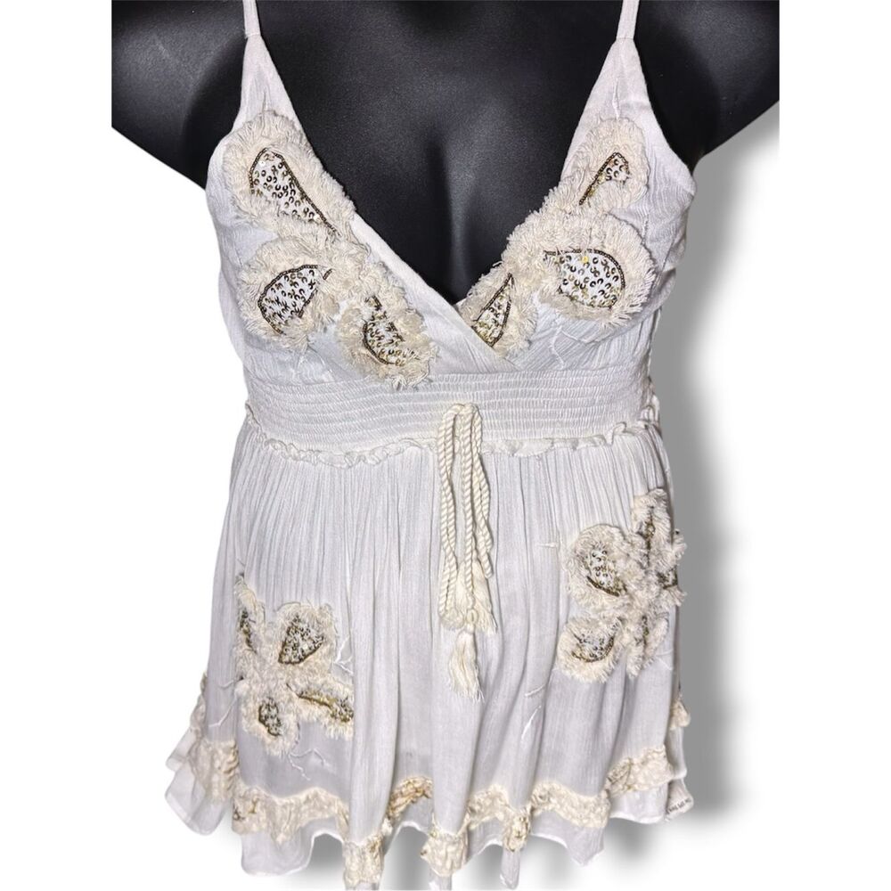POL Boho Embroidered Mini Dress Smocked Waist Floral Tassel Tie Ivory Cream NEW - Picture 14 of 16